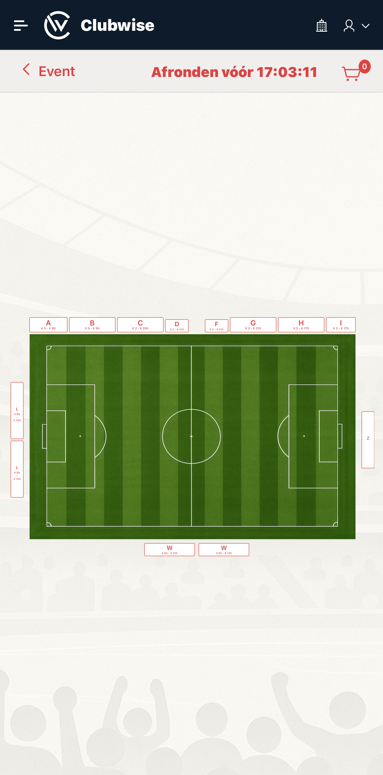 Stadionplan met vakken A tot I; hospitality-zitjes worden per vak en rij toegewezen