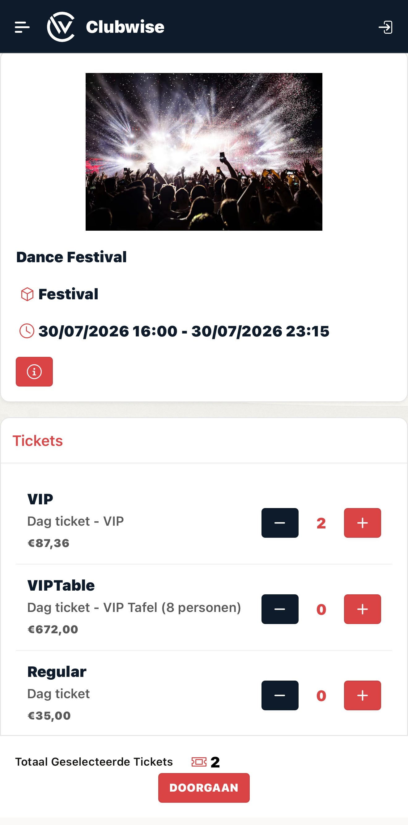 Meerdere tickettypes naast elkaar in de ticketshop: VIP, VIP Tafel en Regular, elk met eigen prijs