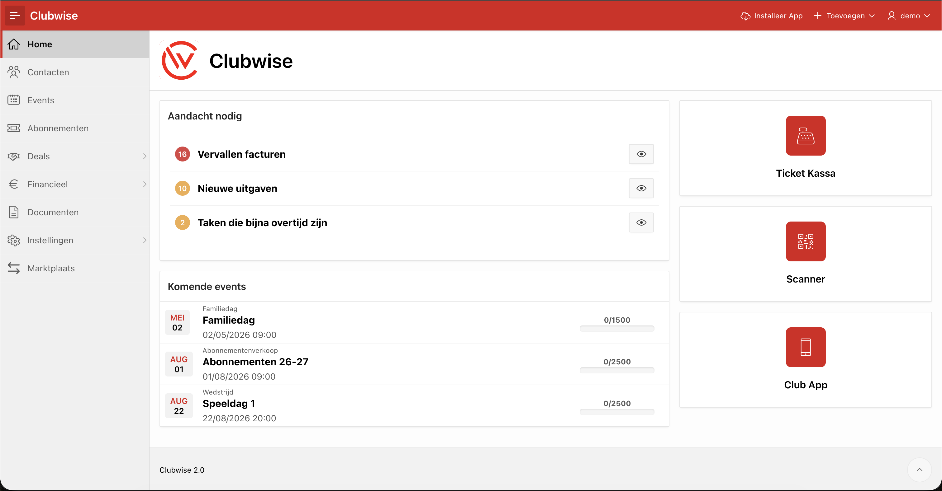 Het Clubwise dashboard met openstaande facturen, taken en komende events