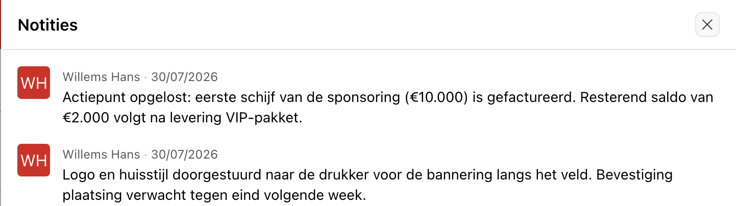 De notities-drawer van een deal in Clubwise met een tijdlijn van interne opvolging