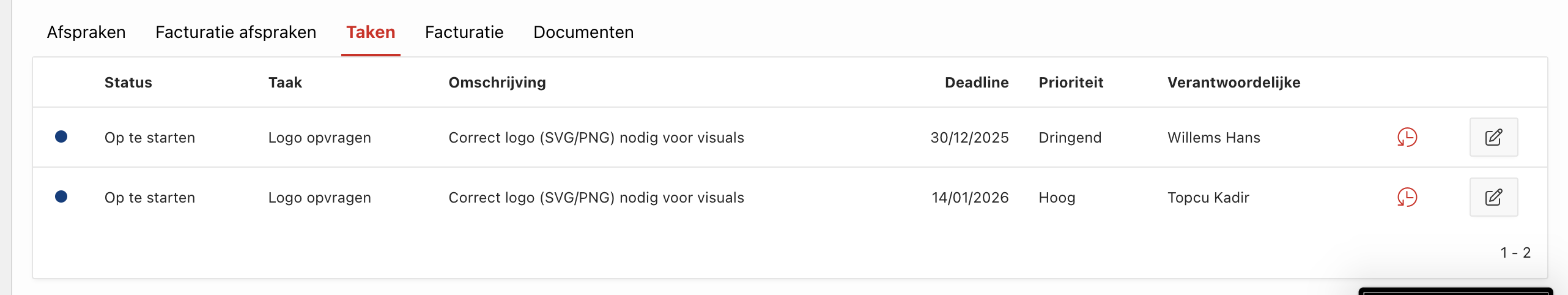 De taken-tab van een deal in Clubwise met opvolgtaken, status en deadline