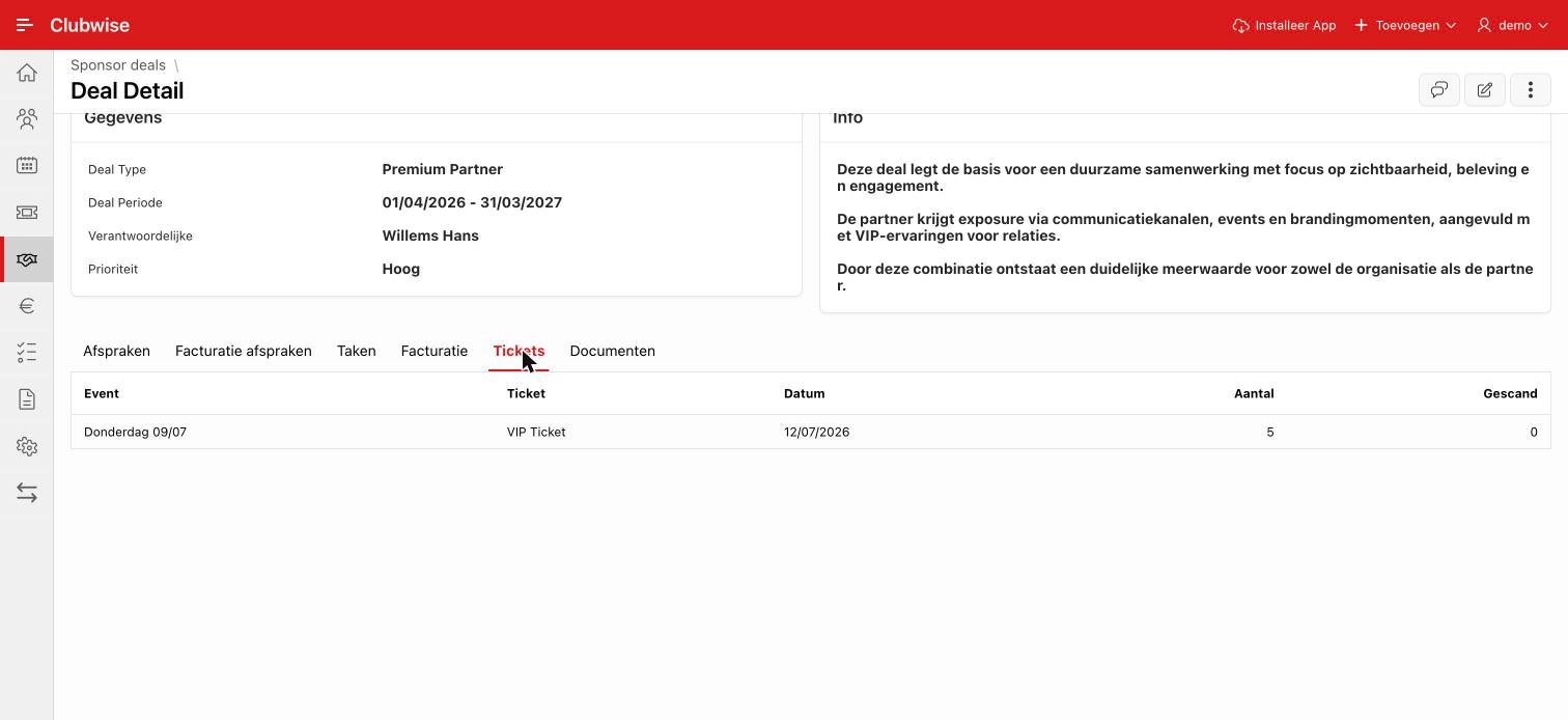 De tickets-tab op een sponsordeal met de kolommen Aantal en Gescand